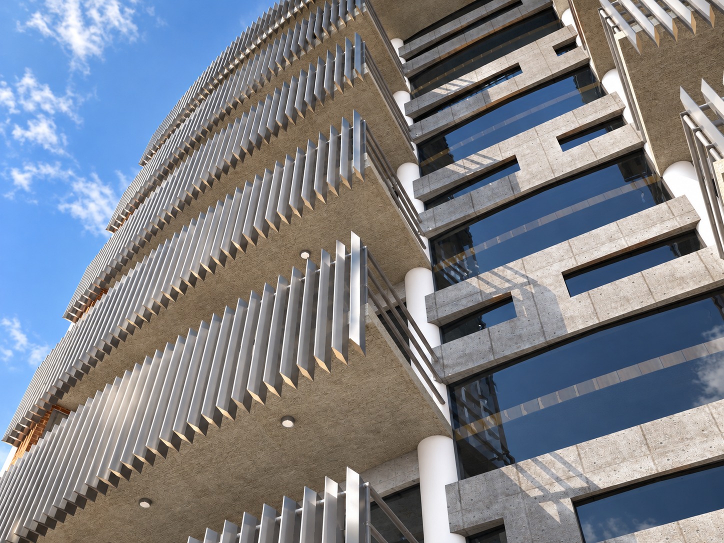 Edificio Centro: Detalle de fachada y parasoles.