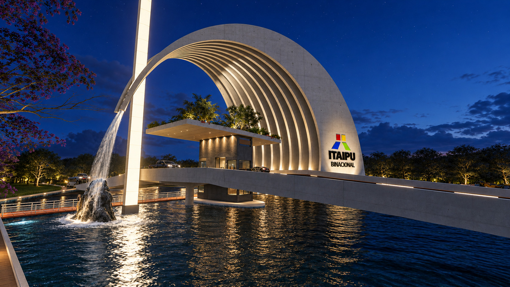 Vista del conjunto · Noche del Pórtico 1 para Itaipú Binacional.